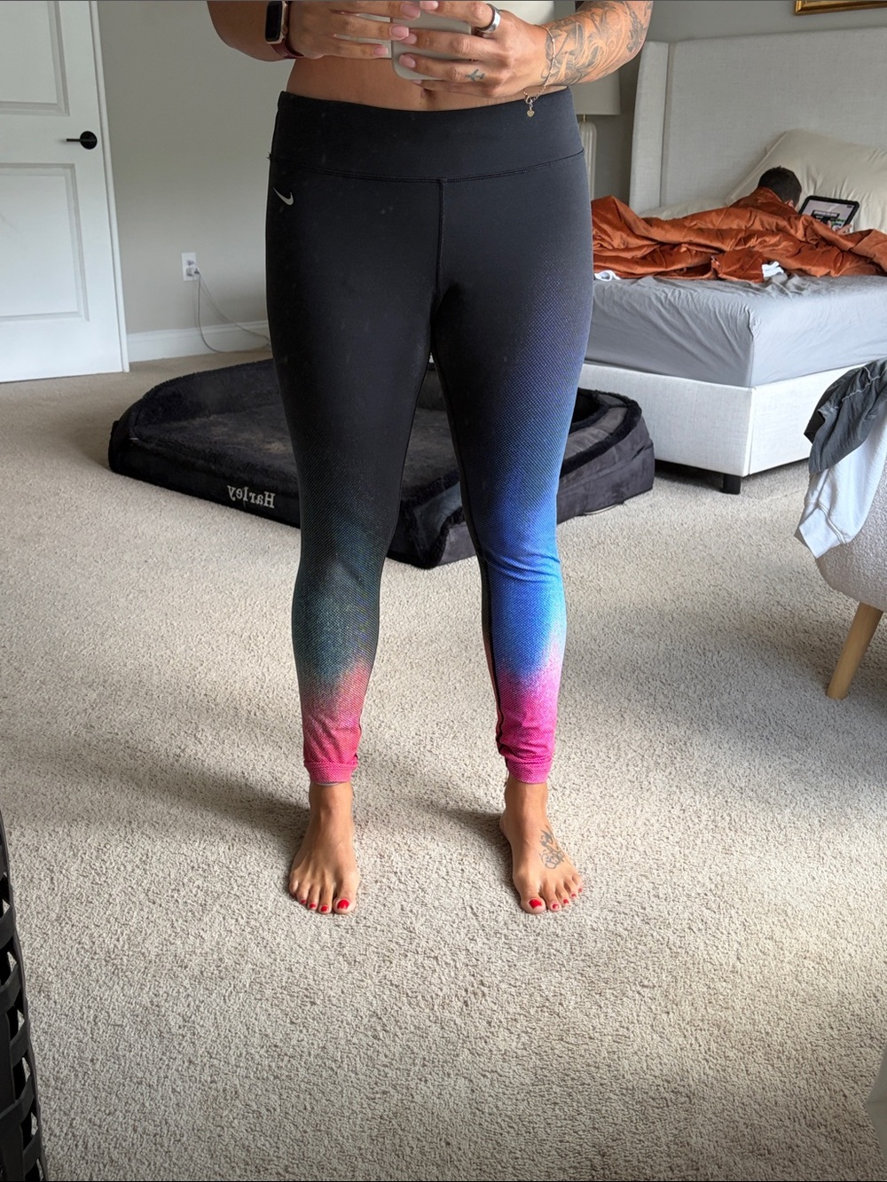 Nike Black Leggings with Pink and Blue Gradient Lower Leg